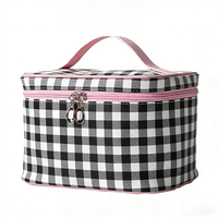 Trousse de Maquillage Rose à Carreaux Vichy avec Poignée, en Polyester Durable et Imperméable, Grande Capacité, Pochette de Voyage pour Articles de Toilette