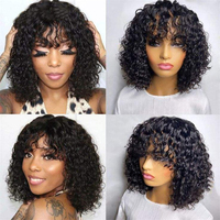 Perruque Courte Bouclée Bob en Cheveux Humains Pas Chère avec Frange, Cheveux Indiens Vierges Bruts, Perruques Bob Lace Front 13x4 pour Femmes Noires