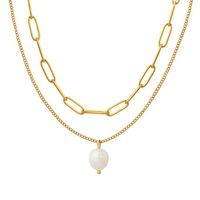 Collier pendentif en acier inoxydable personnalisé en usine, collier de perles d'eau douce, collier chaîne de perles plaqué or pour femmes