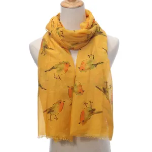 新款时尚女士披肩包裹黄色粉红色的鸟印花围巾，为女性的Foulard Femme礼物