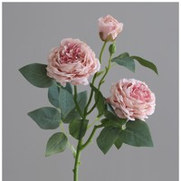 O-X975 Grosir Bunga Peony Buatan Tangan 3 Kepala dengan Pinggiran Halus, Bunga Sutra Eropa Putih Pink, Bunga Peony Palsu untuk Dekorasi