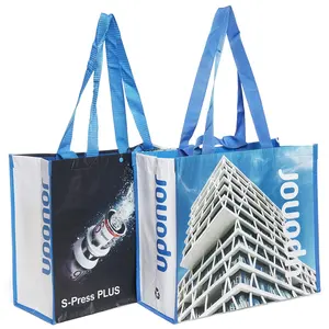 Wholesale price custom shopping reusable laminated rpet double carry handle full color printing pp woven bag