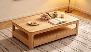 Table basse minimaliste en chêne avec 2 tiroirs et étagère de rangement - Product Image 4