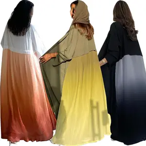 दुबई तुर्की नए सादे रंग के कपड़े ड्रेस रोब मुस्लिम महिला टाई-डाई ग्रेडिएंट शिफॉन प्लीटेड अबाया फ्रंट ओपन कार्डिगन कफ्तान