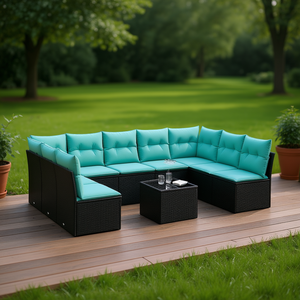 Conjunto de Sofás de Patio de Ratán Sintético Negro con Cojines, Muebles de Jardín para Exteriores, Estilo Contemporáneo, 10 Piezas - Product Image 2
