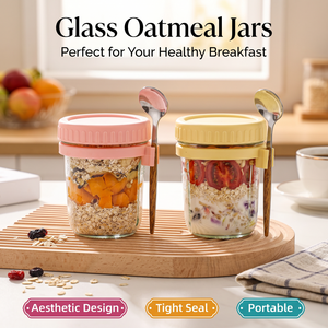 Offre Spéciale : <span class=keywords><strong>Pot</strong></span> en verre à bouche large <span class=keywords><strong>de</strong></span> 350 ml pour Overnight Oats, avec cuillère, idéal pour petit-déjeuner, gâteau, lait, <span class=keywords><strong>yaourt</strong></span> et flocons d'avoine - Product Image 1