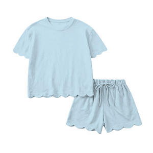 Conjunto de Ropa Infantil de Verano para Niña, Color Azul Cielo, Estampado Sólido, Algodón, Manga Corta, Venta al Por Mayor Personalizada GSSO3174 - Product Image 6