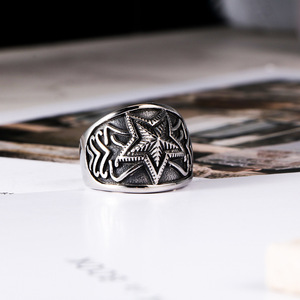 Retro Star <b>Titanium</b> Steel <b>Ring</b> Extra Wide Five Pointed Unisex Rock Style Jewelry SA977 - Product Image 4