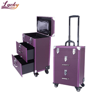 Boîte à maquillage professionnelle 4 en 1 en cuir PU, chariot de rangement pour outils de manucure, organiseur de cosmétiques, valise de maquillage avec roulettes