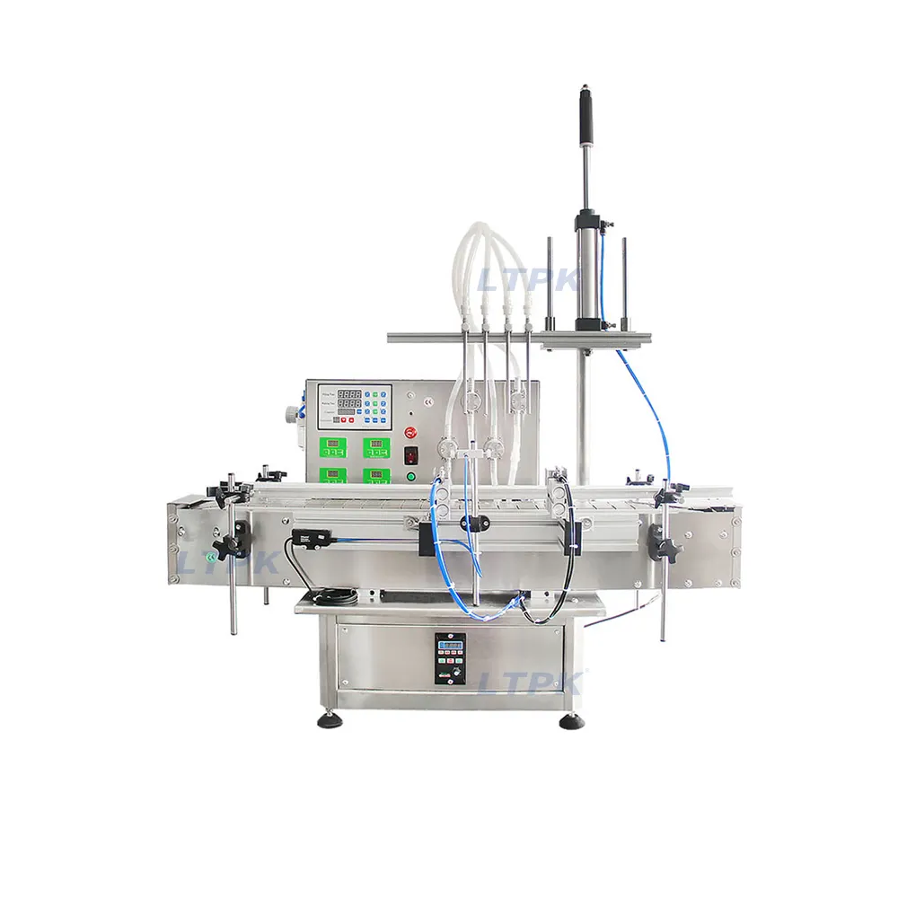 ماكينة التعبئة السائل LT-MP4H ذات المضخة المغناطيسية الأوتوماتيكية لتعبئة زجاجات المياه والمعجون والزيوت مع ناقل ومستشعر للعطور