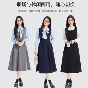 Women's Grey Vest Dress Natural Waist Pleated Turn-down Collar Daily Wear Career Dresses - Product Image 4