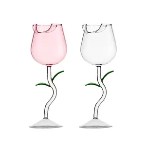 JMノベルティローズフラワー型ドリンクウェアカートン印刷ロゴ丈夫なワイングラスカップフルートゴブレットゴブレットピンクシャンパンレッドクレイ