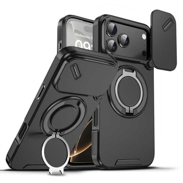 Luxury Magnetic Holder Phone Case for iPhone 18 17 16 15 14 Promax Slim Armor Shockproof with Slide Camera Lens Protection Cover
