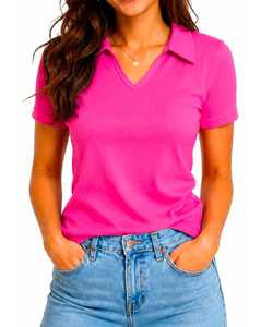 เสื้อโปโลผู้หญิงสีชมพูล้วน แขนสั้น คอวี ลำลอง - Product Image 4