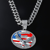 Pendentif ovale Aigle Drapeau USA plaqué or avec zircons, style Hip-Hop, en alliage, avec chaîne cubaine