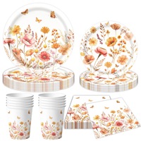 Ensemble de vaisselle sur le thème floral d'automne, assiettes en papier, gobelets, serviettes, nappe, bannière, guirlande, décoration d'automne
