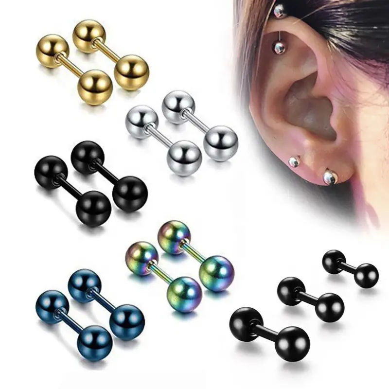 Boucles d'oreilles simples en acier inoxydable, Double extrémité, boule torsadée, Piercing, bijoux, clou d'oreille pour femmes et hommes