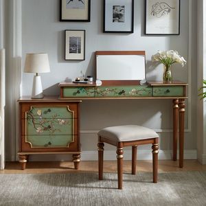Retro <b>Dressing</b> <b>Table</b> With Mirror And Stool Green Painted Wood Makeup <b>Vanity</b> Desk Combination For Bedroom Adult Use - Product Image 1