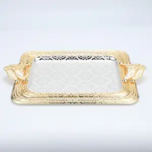 Wholesale Luxury Party Restaurant Silver Golden Chrome Metal Round Rectangle Serving Tray Gold Tray Food Tray