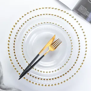 Luxury Round 13 Inch Crystal Under Plate Tableware Setting Gold Beaded Rim Glass Charger Plates for Wedding Decoration