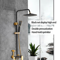Juego de Ducha Termostática Negro Dorado, Sistema de Ducha para Baño con 4 Funciones, Lluvia, Chorro de Agua y Ducha de Mano
