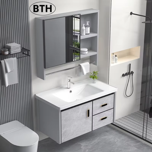 Armoire <span class=keywords><strong>de</strong></span> <span class=keywords><strong>salle</strong></span> <span class=keywords><strong>de</strong></span> <span class=keywords><strong>bain</strong></span> murale en aluminium spatial à double tiroir, étanche, avec lavabo en céramique intégré, options <span class=keywords><strong>de</strong></span> largeur multi-tailles - Product Image 1