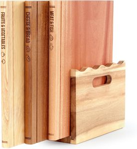 Set di taglieri a forma di libro con supporto, taglieri in legno a forma di libreria che sembrano libri, con etichette per carne, formaggio, frutta. - Product Image 1