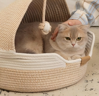 Promo HOT Tempat Tidur Kucing Anyaman Alami dengan Bantal Empuk, Tempat Tidur Hewan Peliharaan Nyaman dari Rotan untuk Dalam Ruangan, Keranjang Kucing