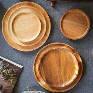 Plateau rond en acacia <span class=keywords><strong>simple</strong></span> Plateau de service en bois pour dîner Snack Dessert Gâteau Tasse Plateau de fruits Restaurant Dîner Plats pour la nourriture - Product Image 1