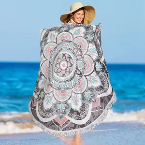 Vente en gros de serviettes de plage de qualité supérieure Grande serviette de plage ronde avec frange Impression Summer Ivy Ready Design ou Design personnalisé Sans sable