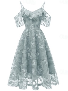 Abito da donna elegante in chiffon con pizzo, stampa floreale, scollo a V, spalline sottili, lunghezza al ginocchio, vita naturale - Leggero e traspirante - Product Image 3