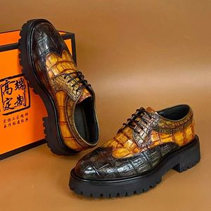 Men's 100% Genuine Crocodile Leather Dress <b>Shoes</b> Thick Chunky Sole Lace-Up Business Casual <b>Shoes</b> <b>Height</b> <b>Increasing</b> - Product Image 3