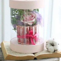 Boîte cadeau de bouquet de fleurs en plastique transparent rond rose pour la Saint-Valentin, boîte de dôme à fleurs avec couvercle en papier