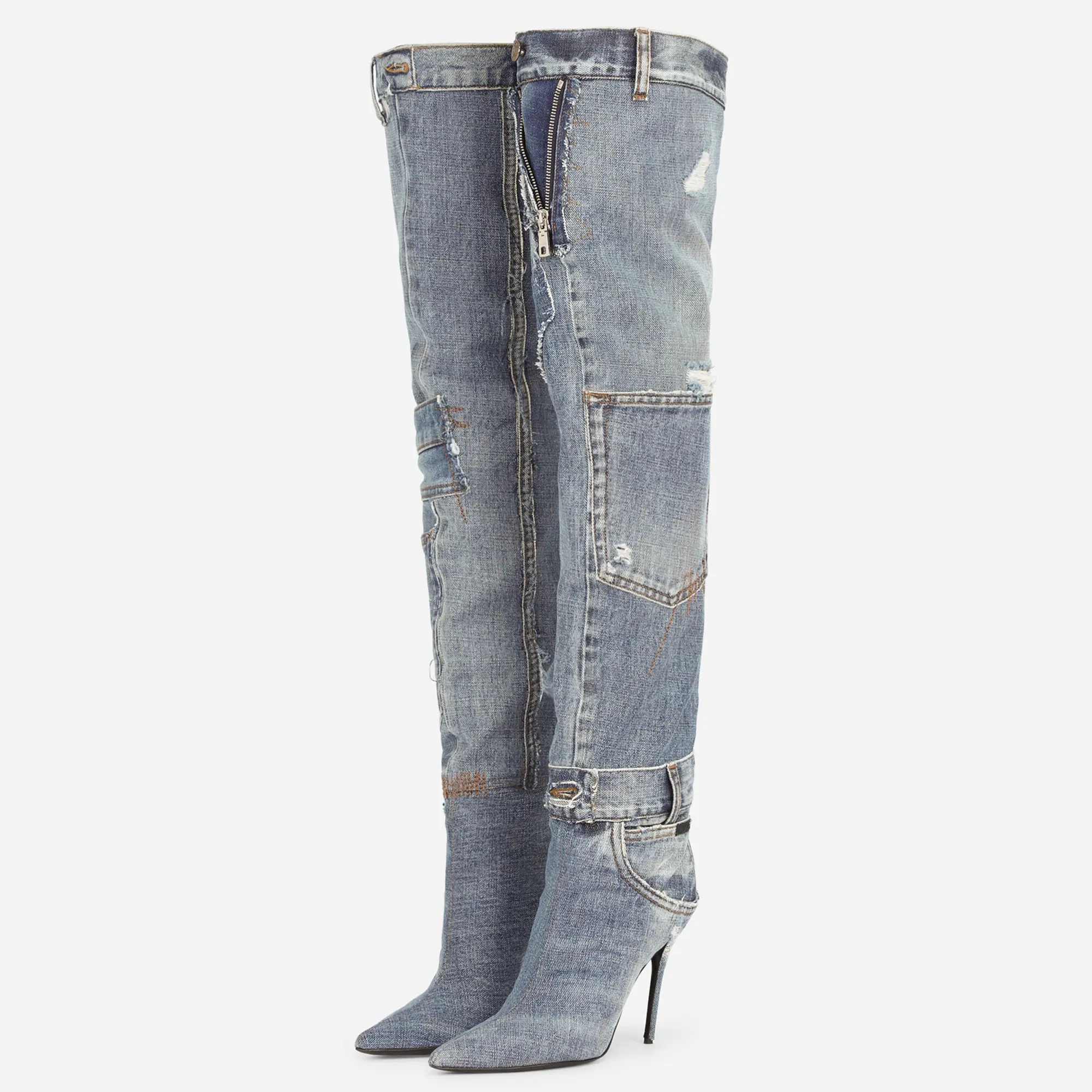 Nieuwe Dames Lange Denim Over De Knie Dij Hoge Laarzen Puntschoen Stiletto Met Pu Binnenzool Unieke Winterstijlen Voor Dames