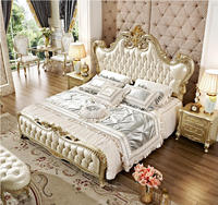 Lit de Luxe en Chêne Massif Sculpté Or Champagne, Ensemble de Meubles de Chambre à Coucher Européen pour Lit Double de Mariage