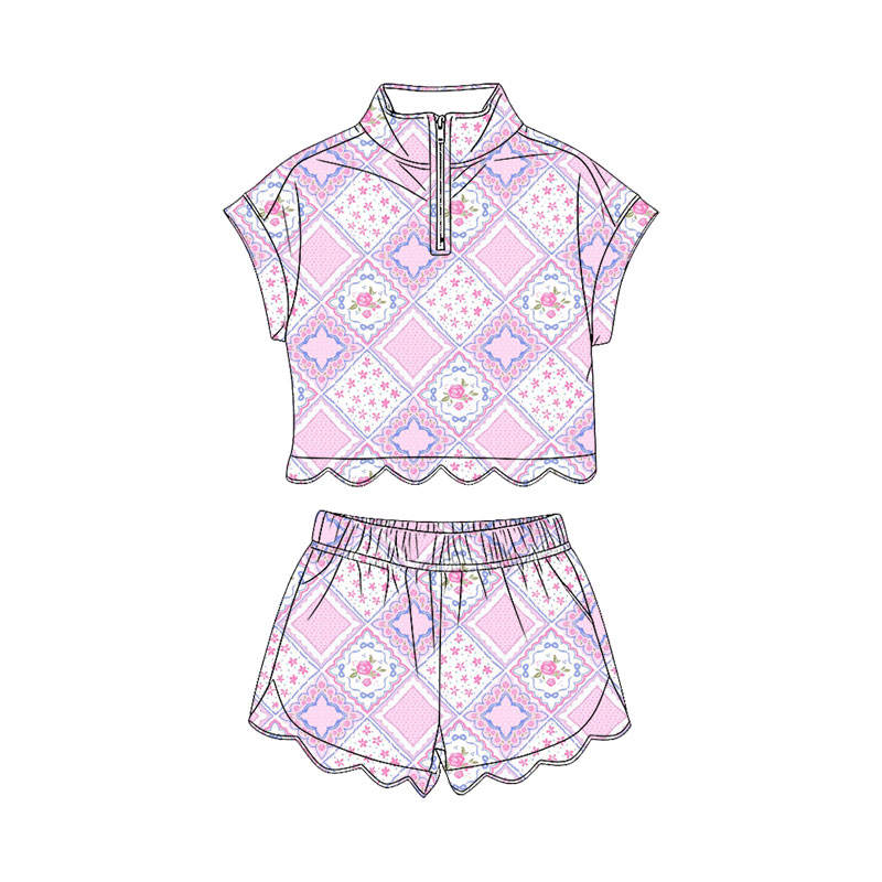 Preorder Baby Girls Summer Flowers Aztec Zip Scallop Tops Sports Shorts ...