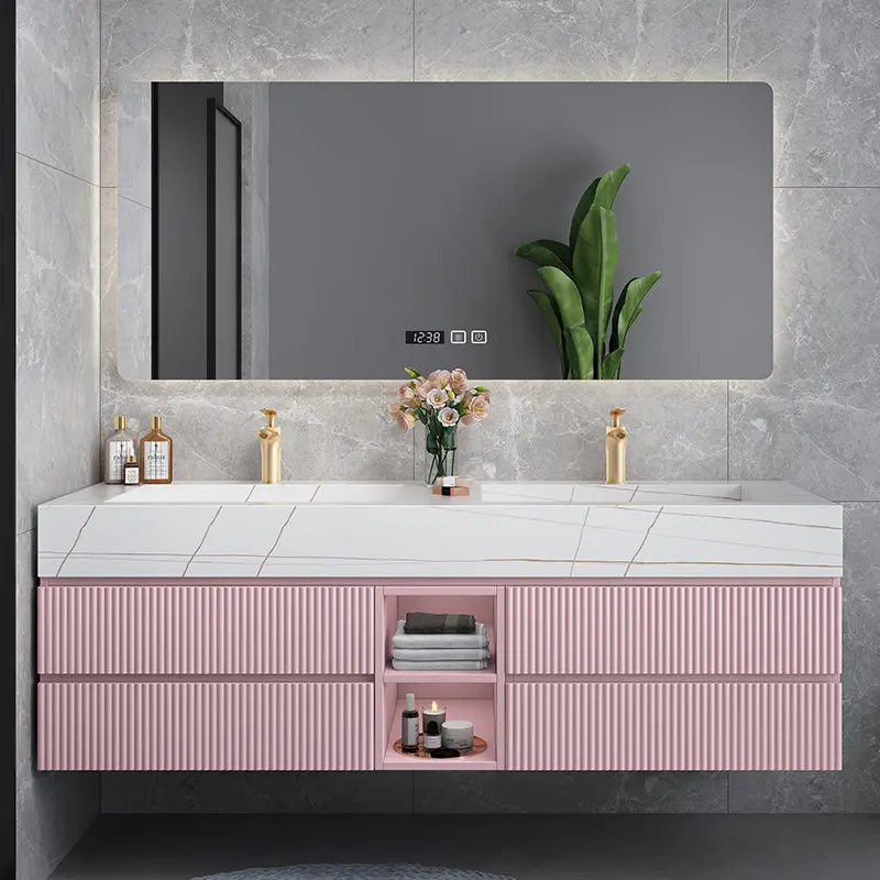 2021 hot 60 Inches pink Color Modern Double Sink Vanity Include Wash Basin Bathroom Cabinets rock stone counter