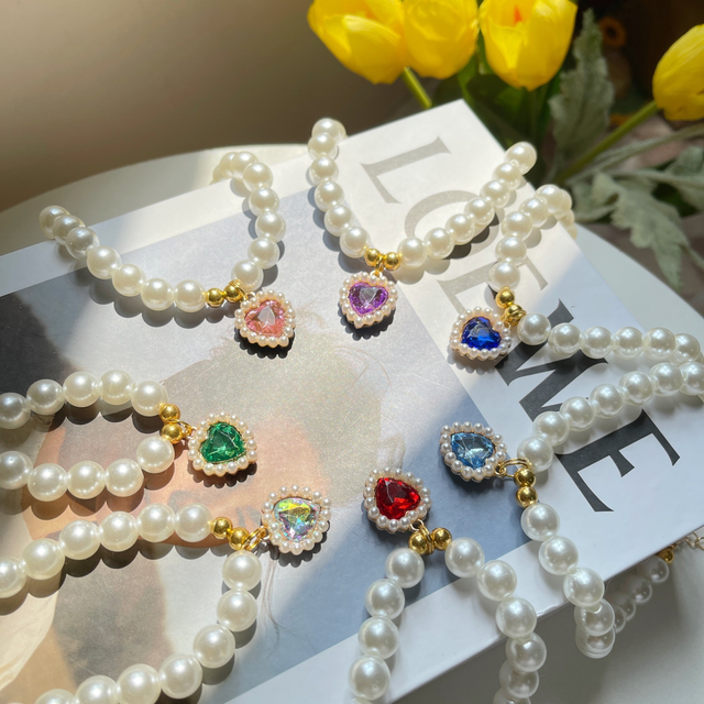 Heart Rhinestone Pet Pearl Necklace Colorful Pendant Dog Cat Jewelry Collar Elegant Faux Pearl Chain Accessories