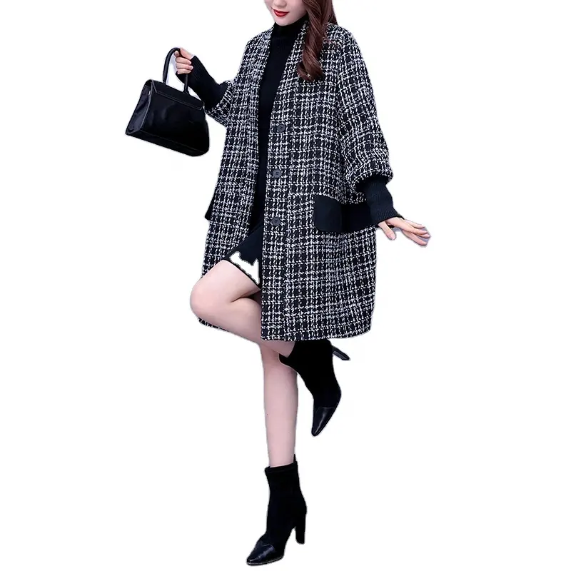 2022 fall and winter l women jacket trench long fleece fuzzy wool plaid warm coat plus size for cute lady