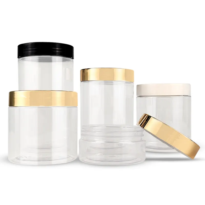 Factory price 50ml -250ml High Quality Transparent Pet Jars Food Food Grade screw Plastic Jar with gold lid
