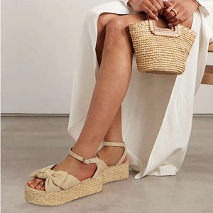 Sandales plates d'été pour femmes, à plateforme, en <span class=keywords><strong>raphia</strong></span> plissé, avec nœud, tissées en paille, en rotin, pour la plage - Product Image 6