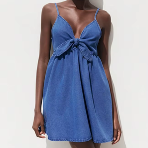 Kadınlar bayanlar mavi Jean Denim elbise seksi kravat-ön Mini elbiseler bahar yaz giyim - Product Image 1