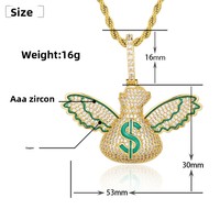 Pendentif en cuivre plaqué or 18 carats avec zircon Money Bag Wing Design Christian Hip-hop Style