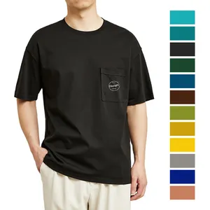 Camiseta lisa de alta calidad de fabricante de China, Camiseta de cuello redondo con estampado y bordado de logotipo personalizado para hombre con bolsillo en el pecho