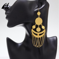 Nueva moda Dubai moneda turca Color dorado latón Metal árabe forma de Luna boda pendientes largos musulmanes