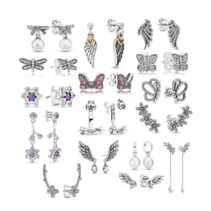 2024 New Earrings Volayer 925 Silver Family Tree Angel Wing Daisy Heart Pansy Butterfly Stud Earrings Women Hoop Earrings