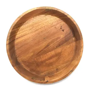 Custom Acacia Wood Serving Tray Round Snack Plate Food Wooden Dish for Fruit Dessert Cake Candy
