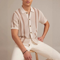 Kemeja Viscose Berkualitas Tinggi Oscar untuk Pria, Bergaris Modis, Rajutan Anti Kusut, Lengan Pendek, Kasual Retro, Kerah Lapel, Kancing