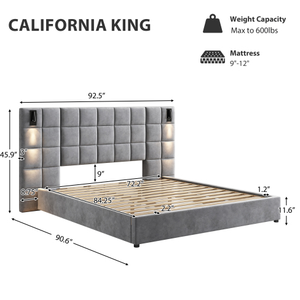 เตียงคิงไซส์ทรงกลมทันสมัย OE HOME หุ้มผ้าสีเทาแบบ Tufted พร้อมโคมไฟอ่านหนังสือปรับได้ พอร์ต USB ดีไซน์อัจฉริยะ นุ่มสบาย เป็นมิตรกับสิ่งแวดล้อม - Product Image 5