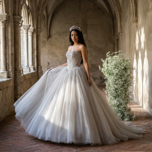 Nt145 Bridal Gown <b>Strapless</b> <b>Corset</b> Silver Embroidery Floral Applique Soft Tulle a Line Wedding Dress Long Train Jancember - Product Image 1